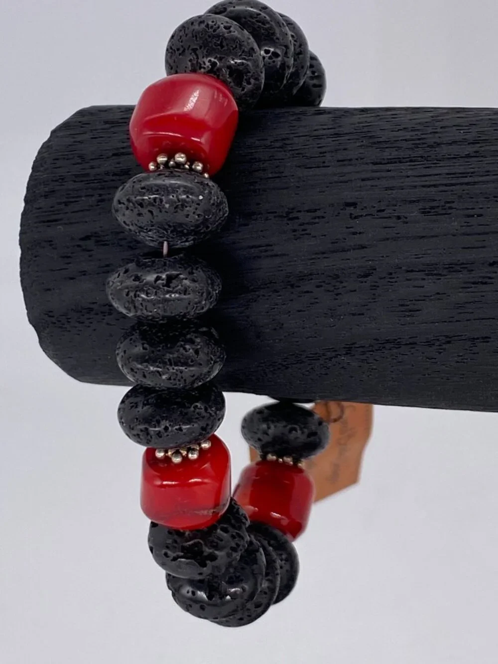 Carol Bradley Bracelet Black Lava Rock Red Coral Sterling Silver 925 Clasp
